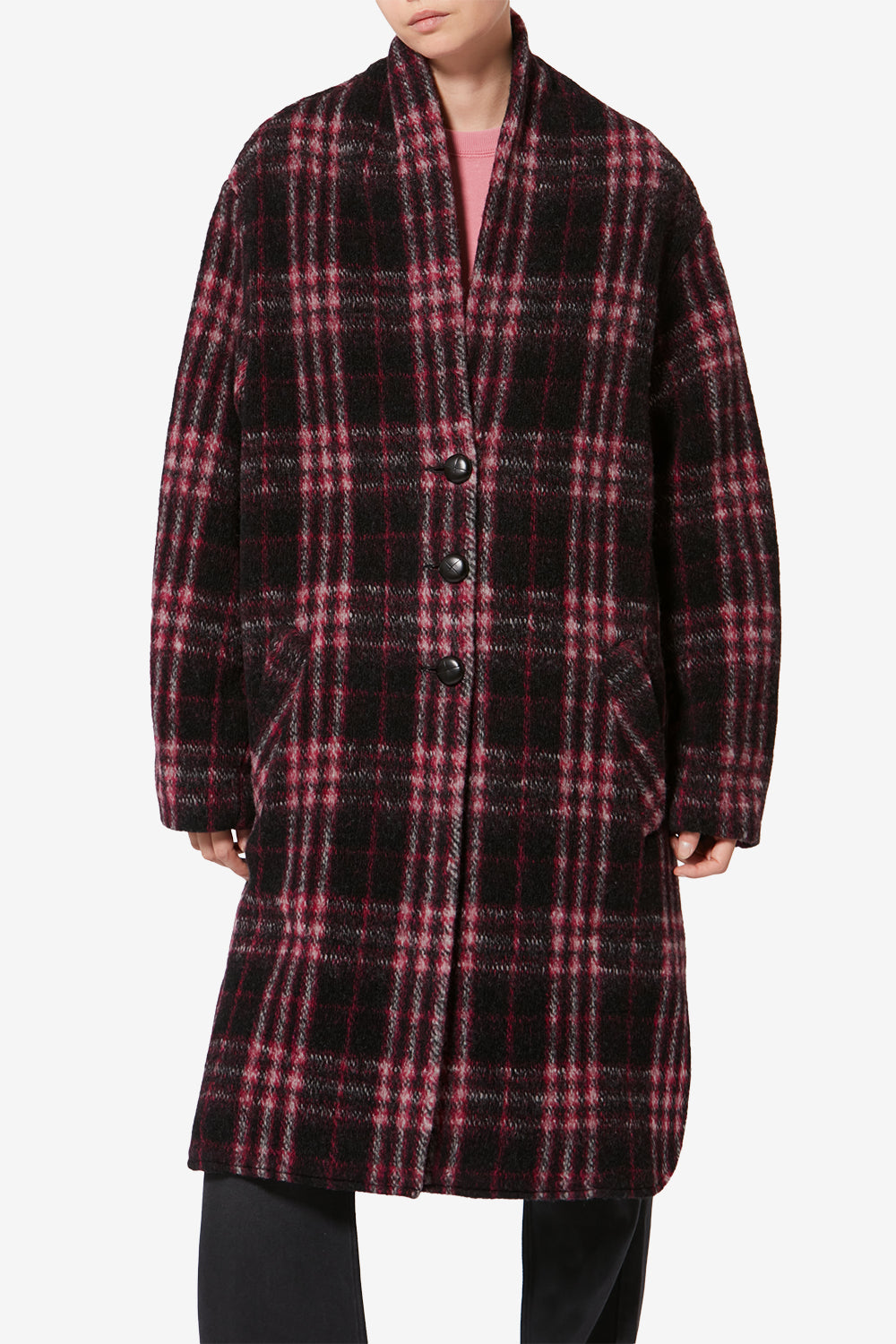 Gabriel long checkered wool coat - Black-fuchsia - Woman - 4