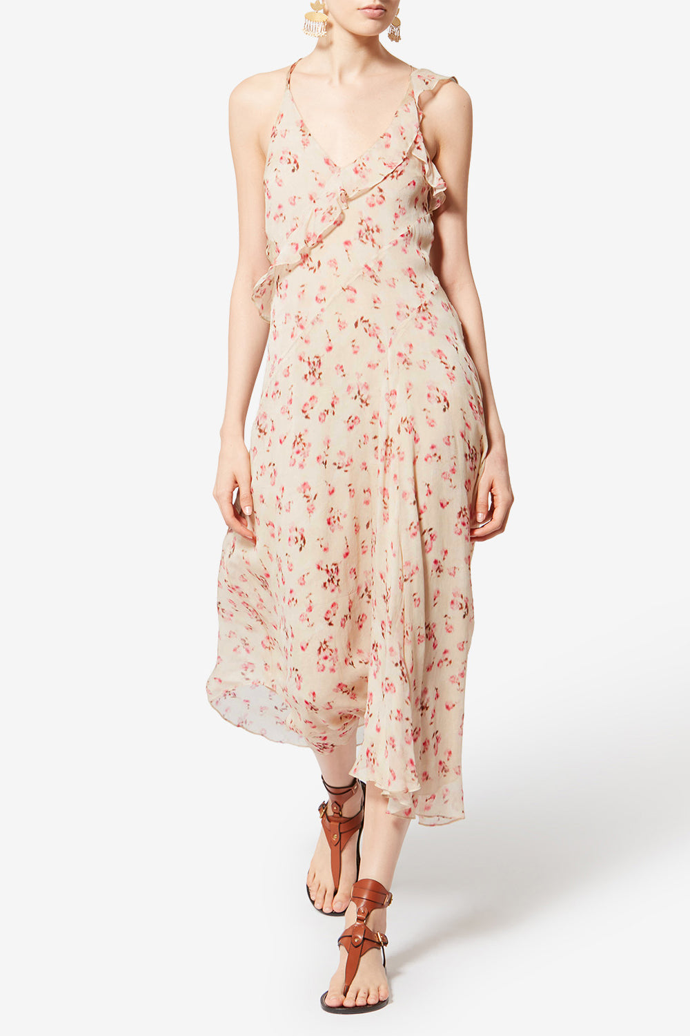 Vestido largo con tirantes finos luxie en muselina estampada - Beige - Woman