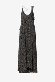 Vestido largo de lujo con tirantes finos en gasa estampada - Black and ecru - Woman