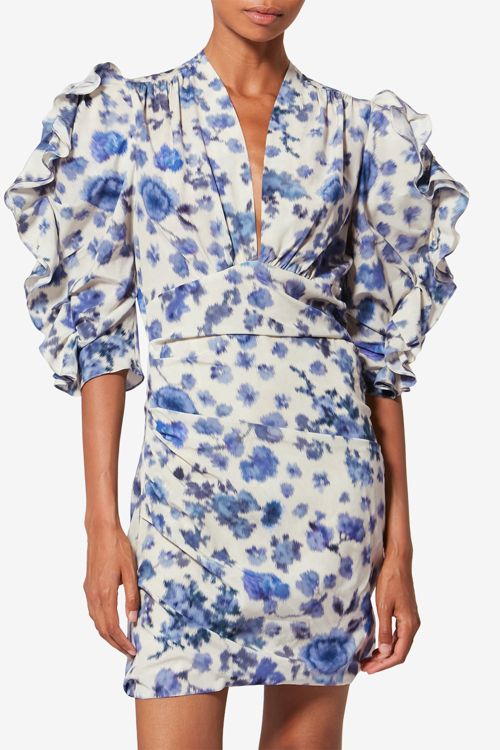 Robe courte en soie stretch imprimée doris - Bleu - Woman - 4