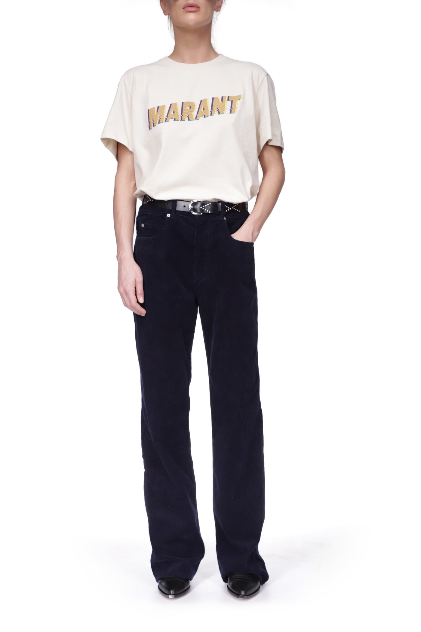 Telly leather belt decorated with studs - Black and silver - Woman - 9