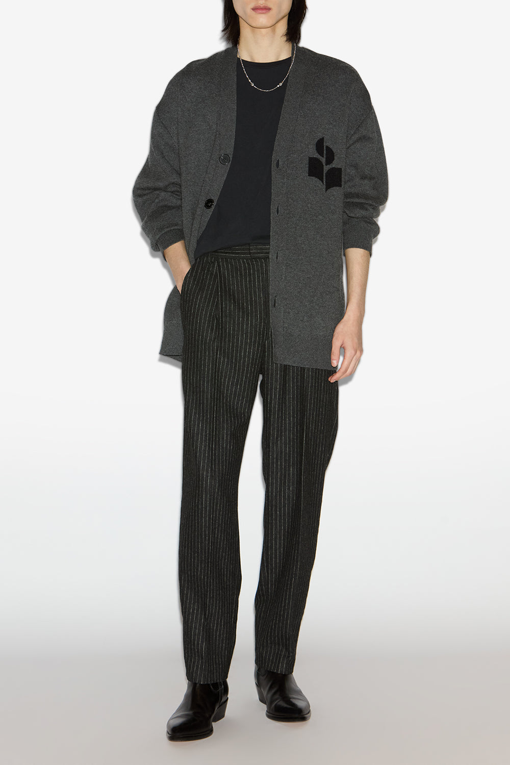 Curtis wool and cotton cardigan with logo - Anthracite - Man - 2
