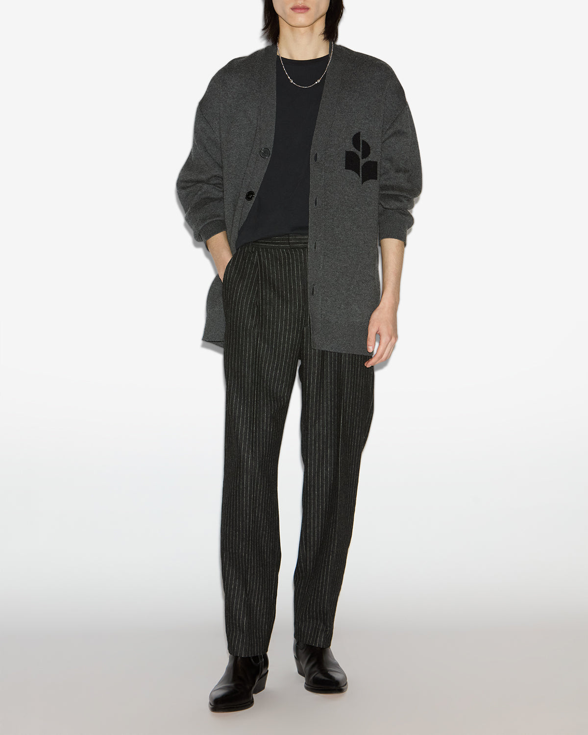 Curtis wool and cotton cardigan with logo - Anthracite - Man - 1