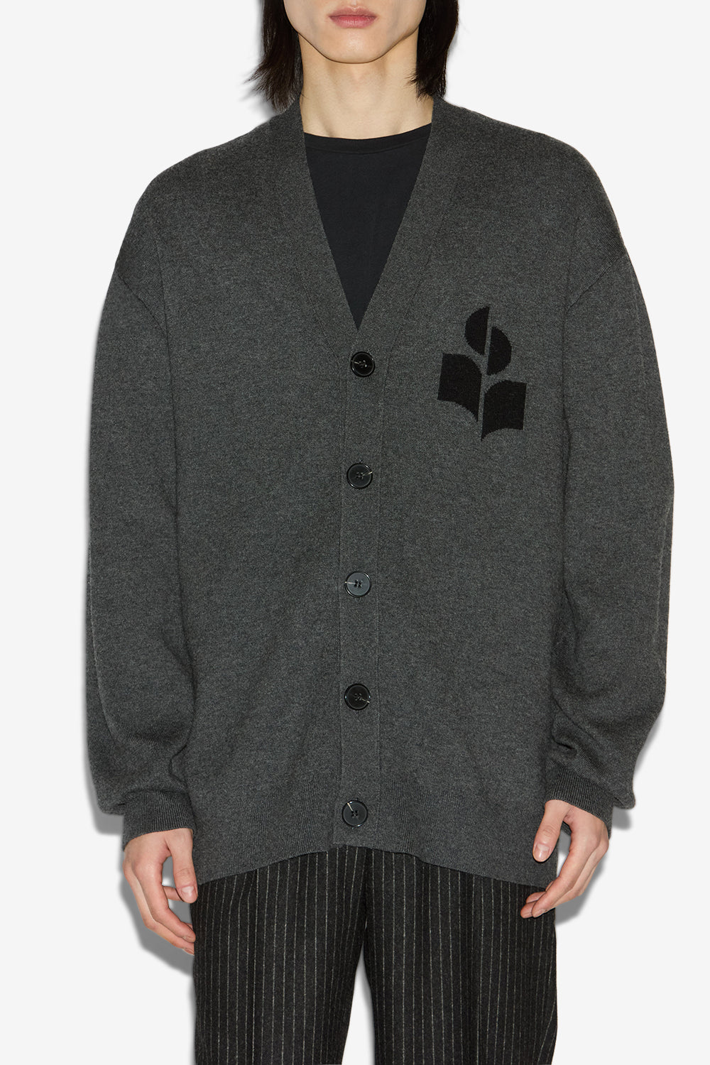 Curtis wool and cotton cardigan with logo - Anthracite - Man - 4
