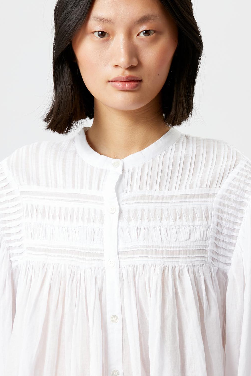 Blusa de gasa de algodón lisa con frunces plalia - Blanco - Woman - 3
