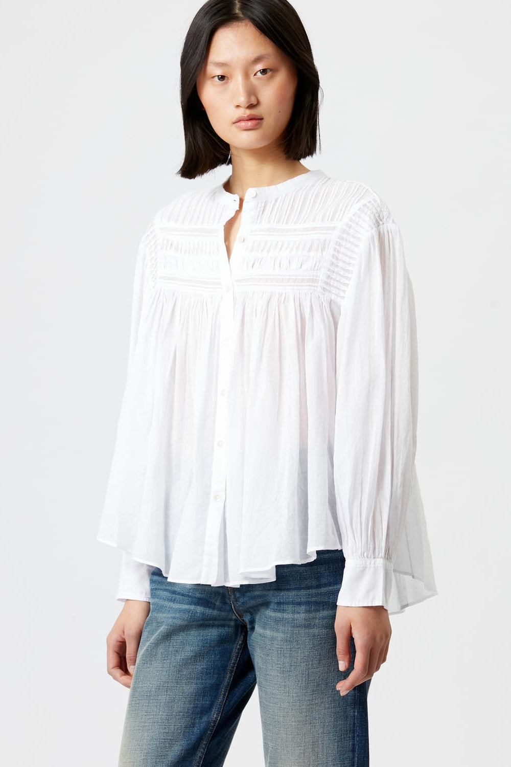 Blusa de gasa de algodón lisa con frunces plalia - Blanco - Woman - 4