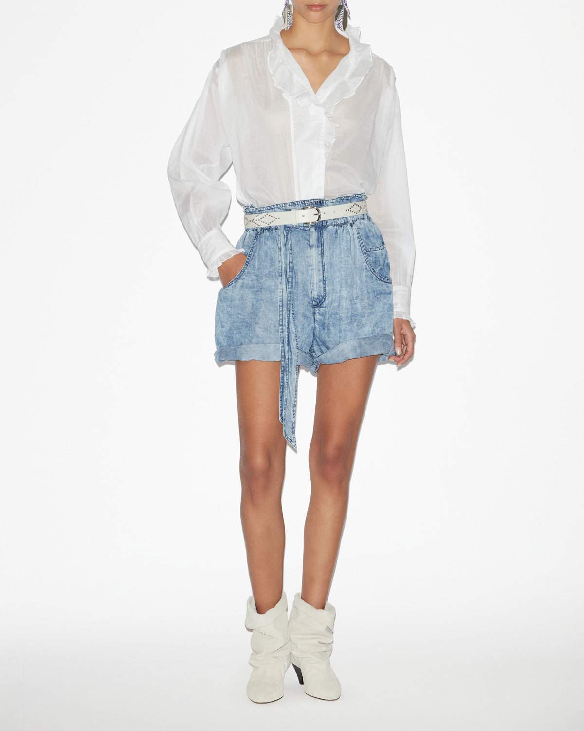 Blusa pamiala de gasa de algodón lisa con volantes - Blanco - Woman - 1