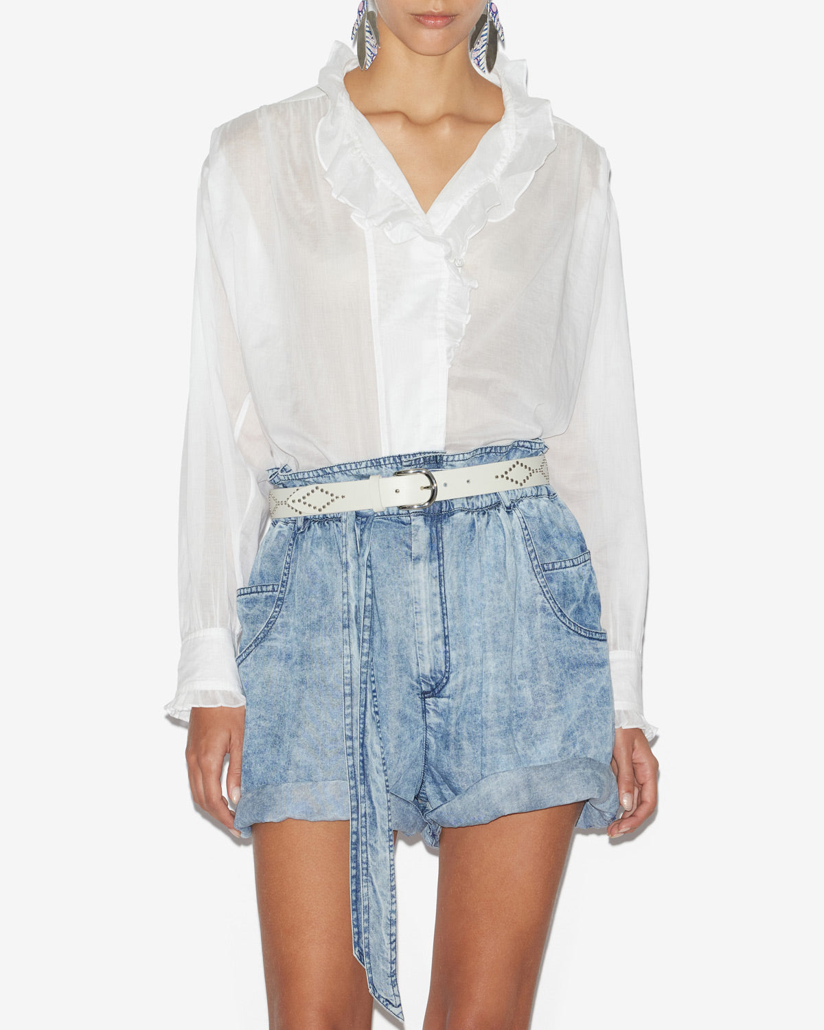 Blusa pamiala de gasa de algodón lisa con volantes - Blanco - Woman - 3