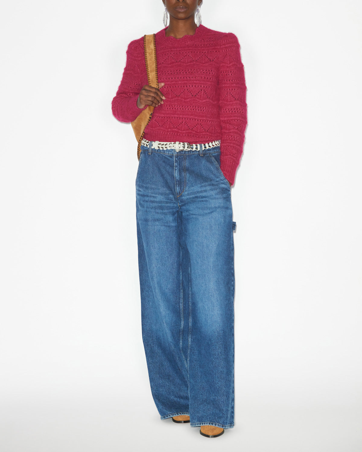 Pullover othona aus einfarbigem alpaka-strick mit lochmuster - Himbeere - Woman - 1