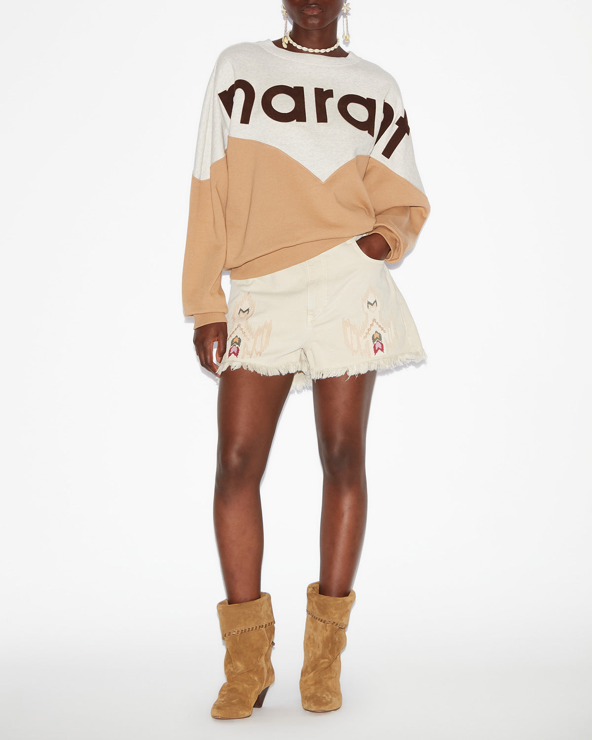 Houston cotton sweatshirt with logo - Ecru/camel - Woman - 1
