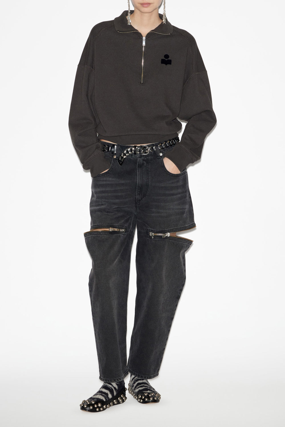 Kurzes sweatshirt ross aus baumwolle mit stehkragen - Schwarz gewaschen - Woman - 2