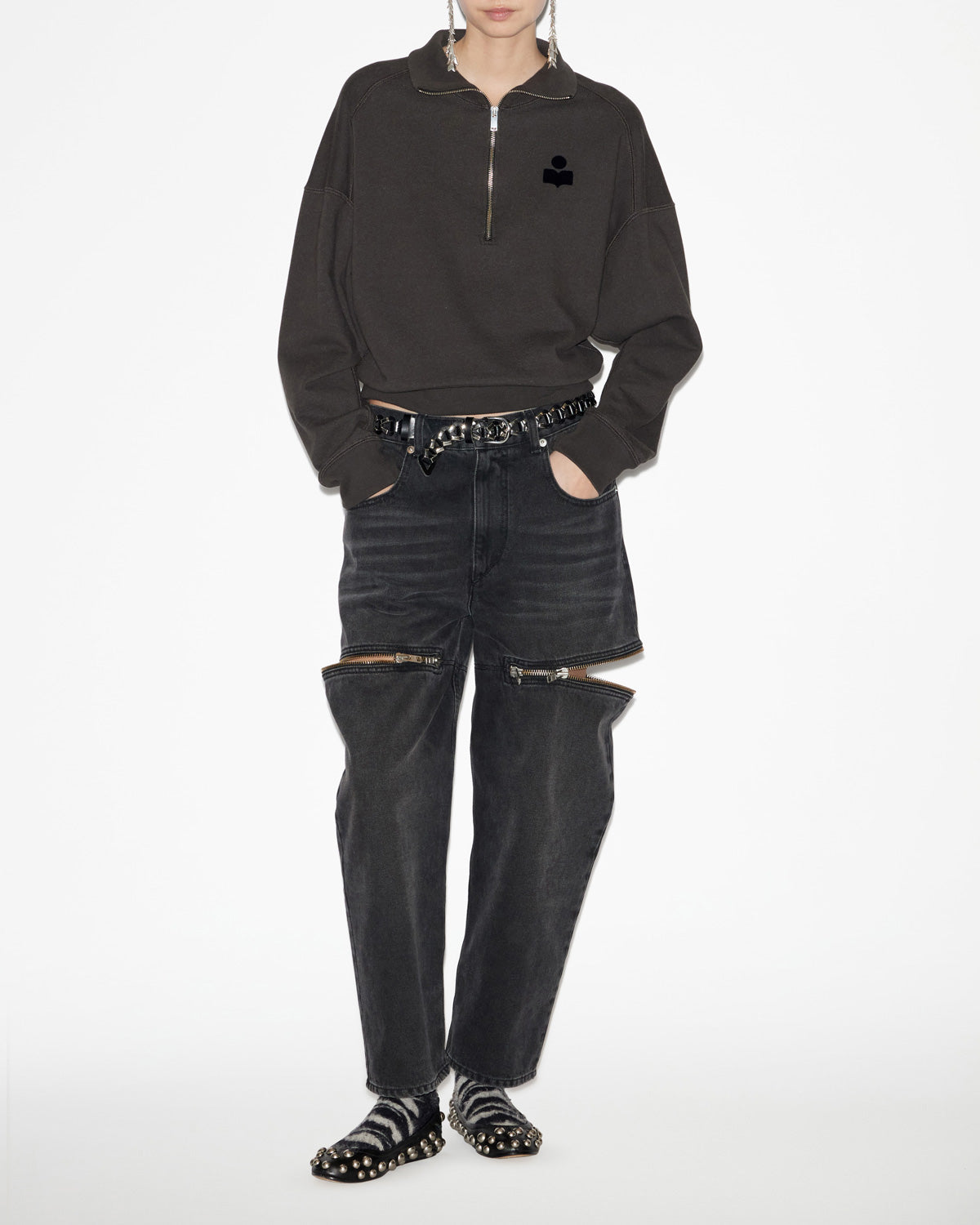 Kurzes sweatshirt ross aus baumwolle mit stehkragen - Schwarz gewaschen - Woman - 1