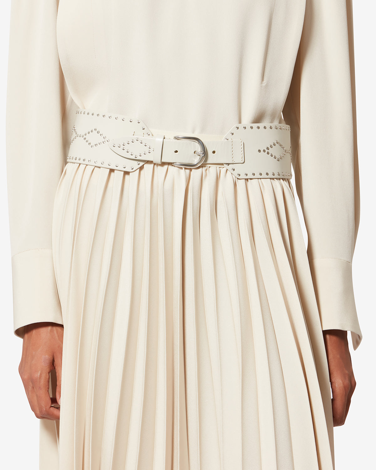 Lucie wide studded leather belt - Chalk-silver - Woman - 4