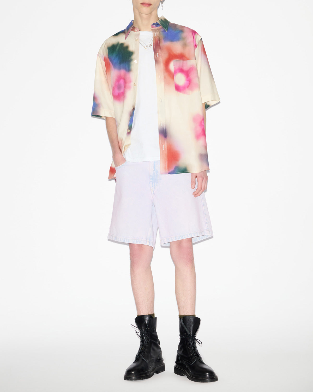 Camicia in cotone stampato a maniche corte labilio - Ecru - Man - 1