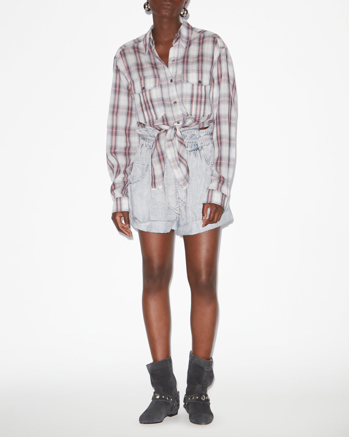 Nath tied checkered cotton shirt - Ecru-pink - Woman - 1