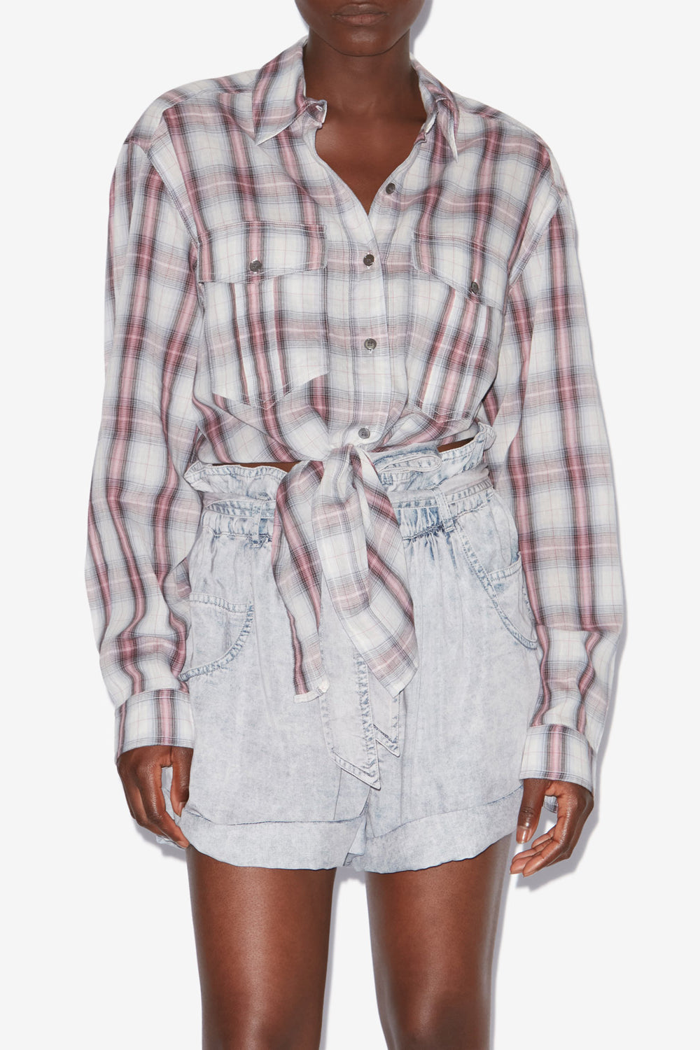 Camisa con nudo nath de algodón a cuadros - Ecru-pink - Woman - 4