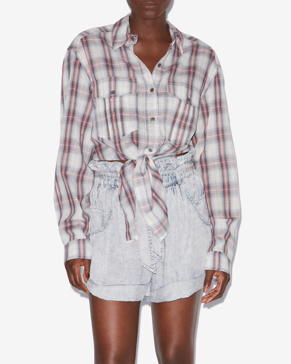 Nath tied checkered cotton shirt - Ecru-pink - Woman - 3