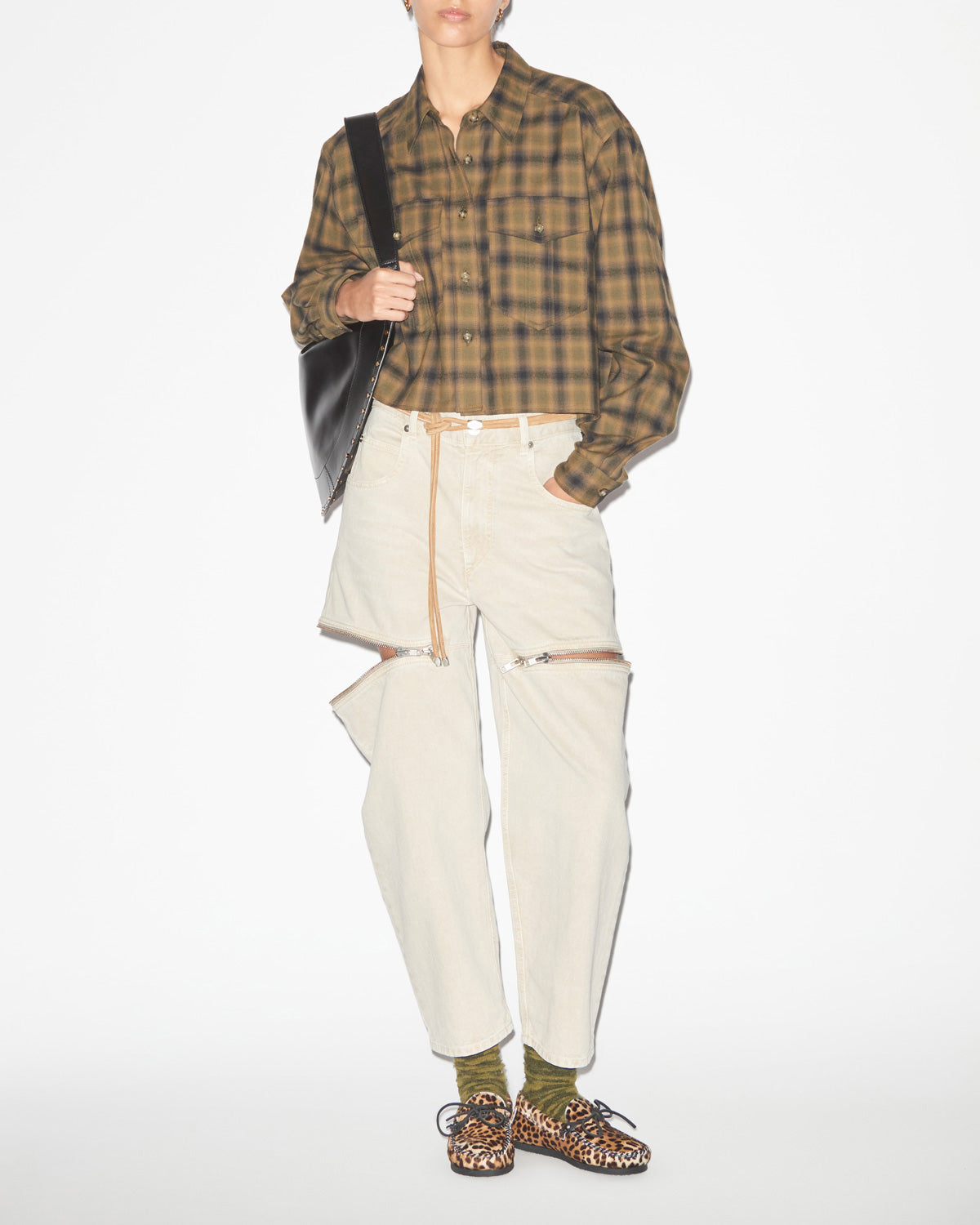 Camicia telina corta in cotone a quadri - Khaki-khaki - Woman - 1