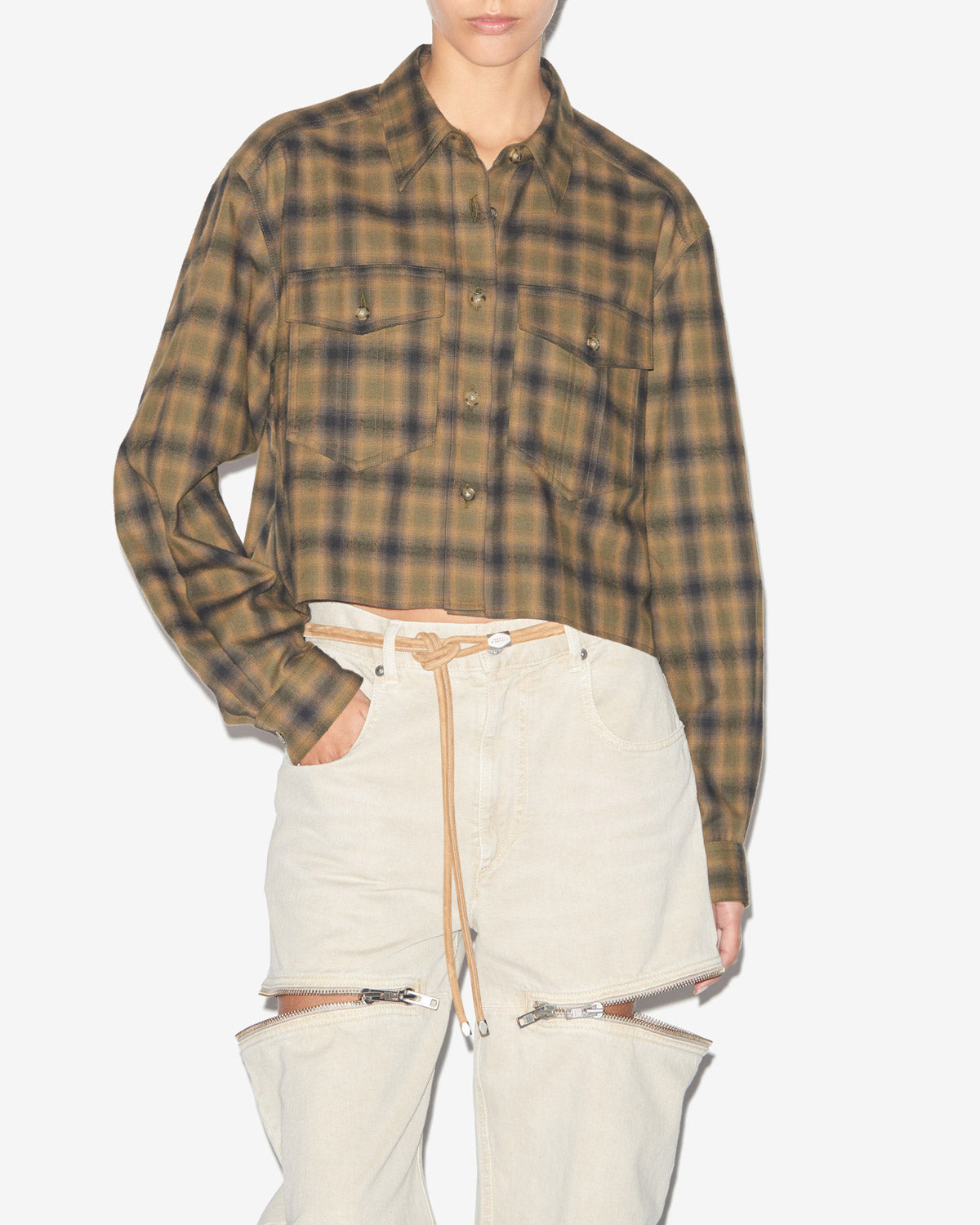 Camicia telina corta in cotone a quadri - Khaki-khaki - Woman - 3