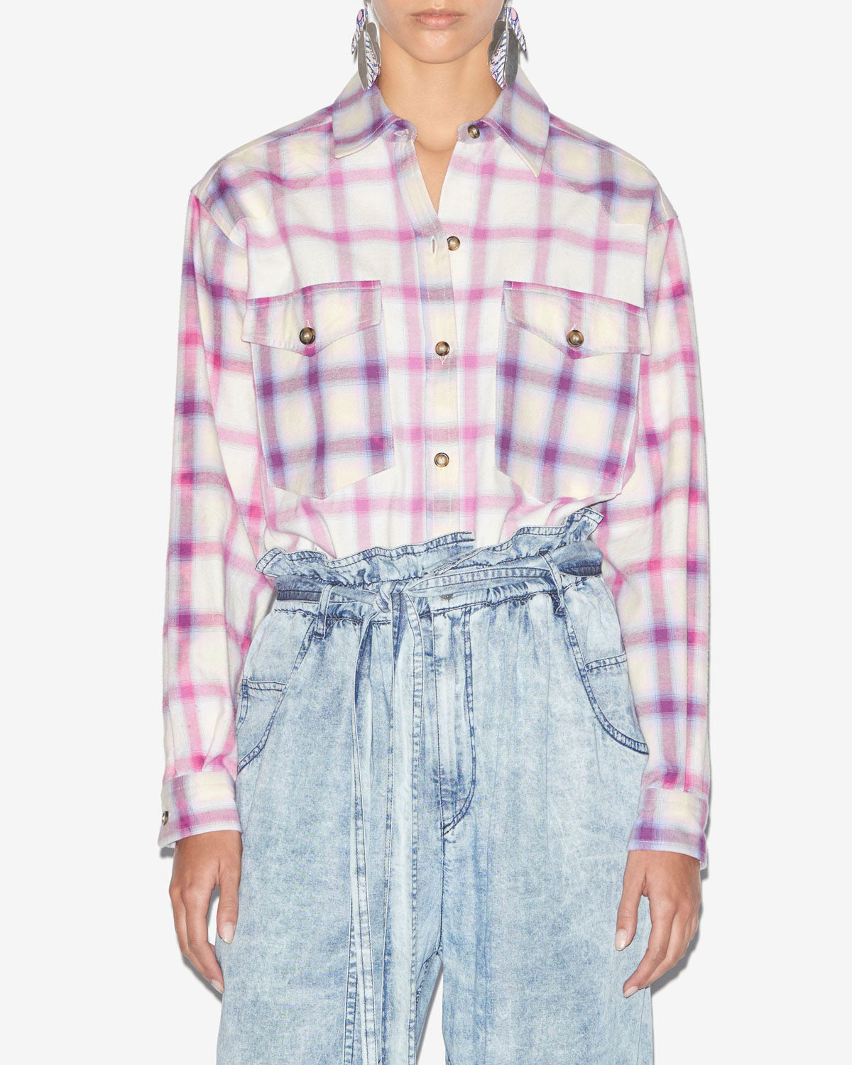 Trixi checkered cotton shirt - Lilac-ecru - Woman - 3