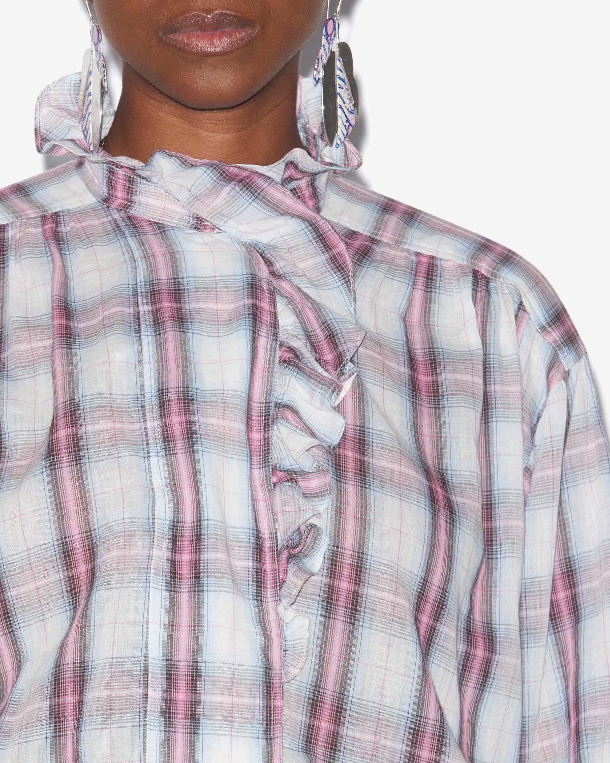 Chemisier pamias in voile di cotone a quadri e volant - Ecru-pink - Woman - 2