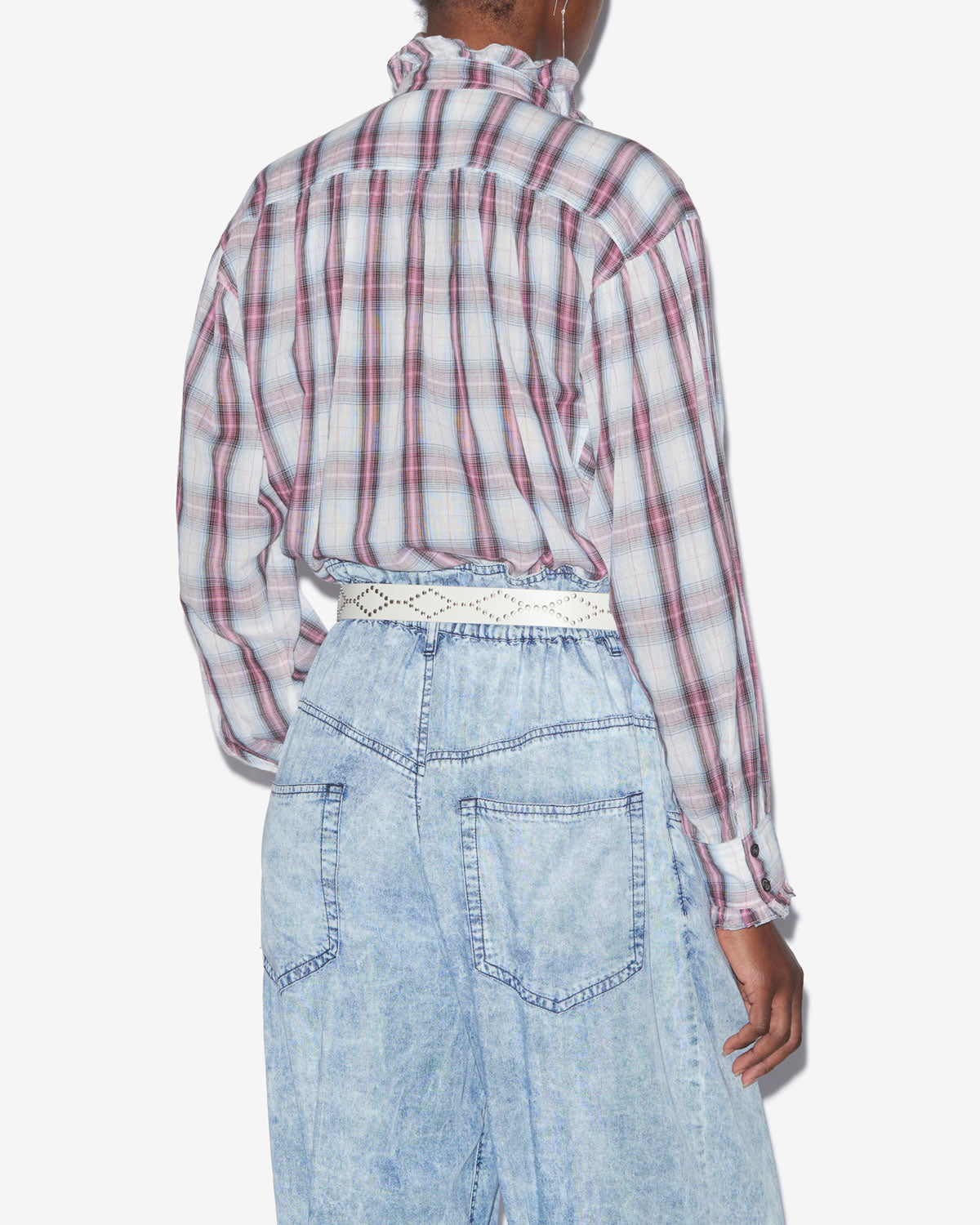 Chemisier pamias in voile di cotone a quadri e volant - Ecru-pink - Woman - 4