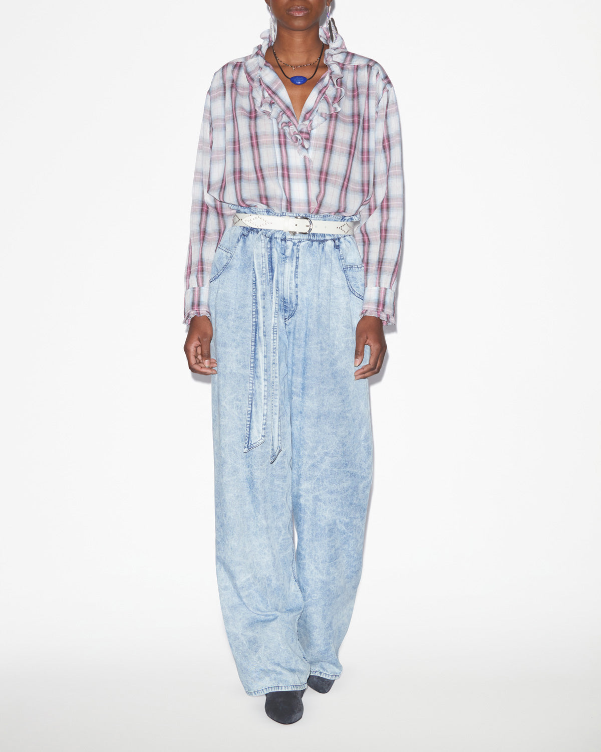 Chemisier pamias in voile di cotone a quadri e volant - Ecru-pink - Woman - 1