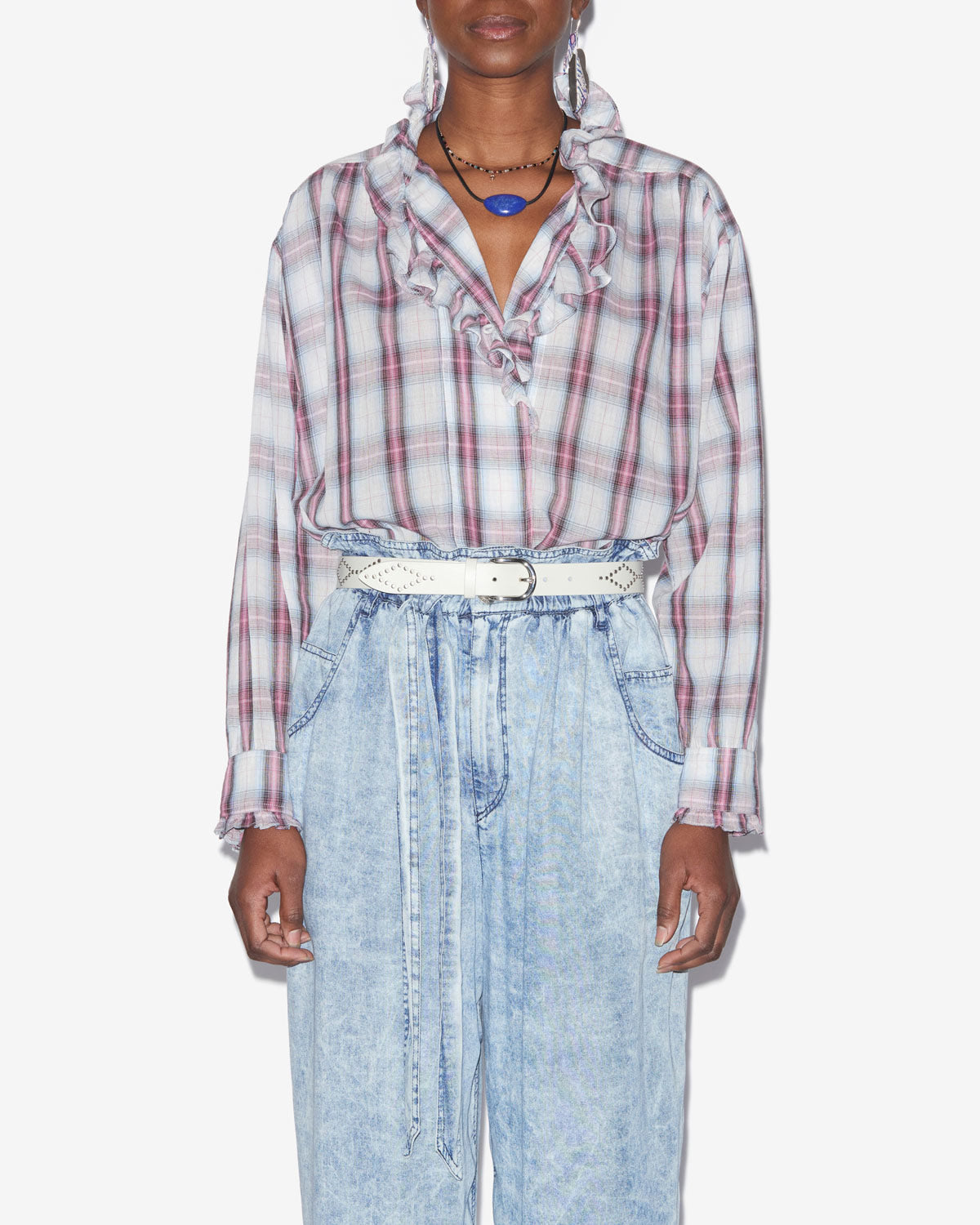 Chemisier pamias in voile di cotone a quadri e volant - Ecru-pink - Woman - 3