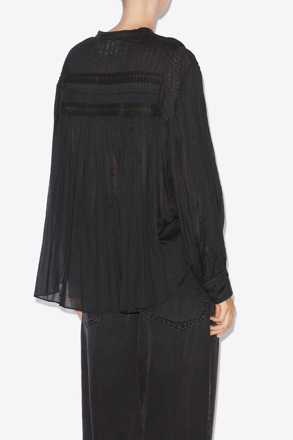 Blusa plalia de voile de algodón fruncida - Negro - Woman - 5