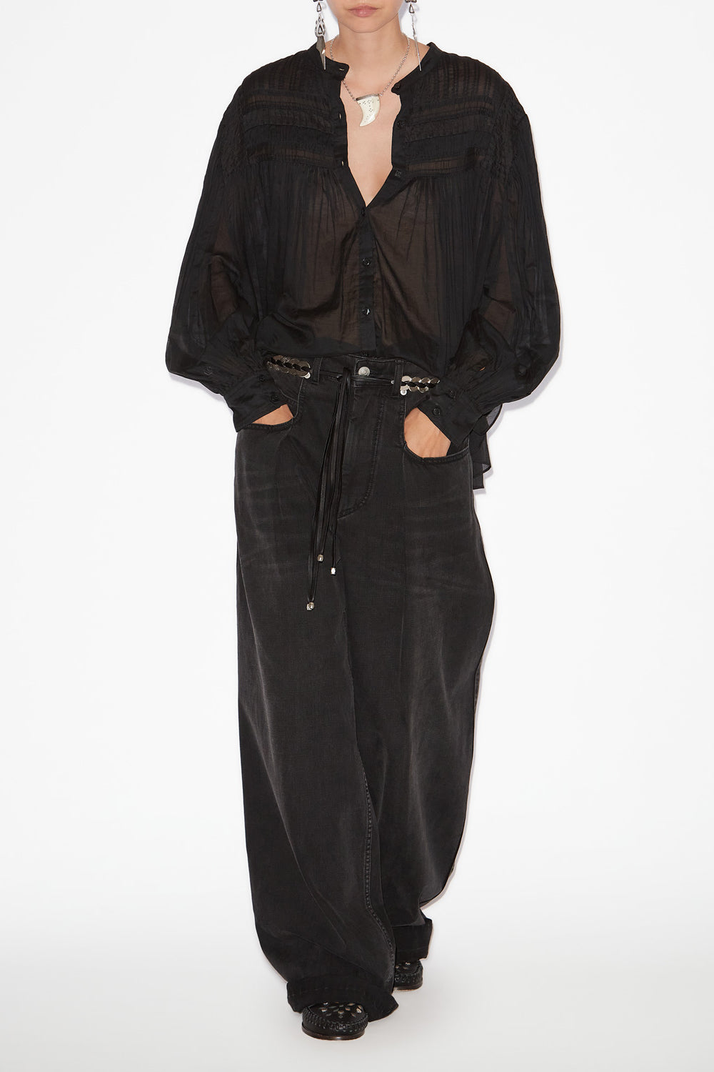 Blusa plalia de voile de algodón fruncida - Negro - Woman - 2