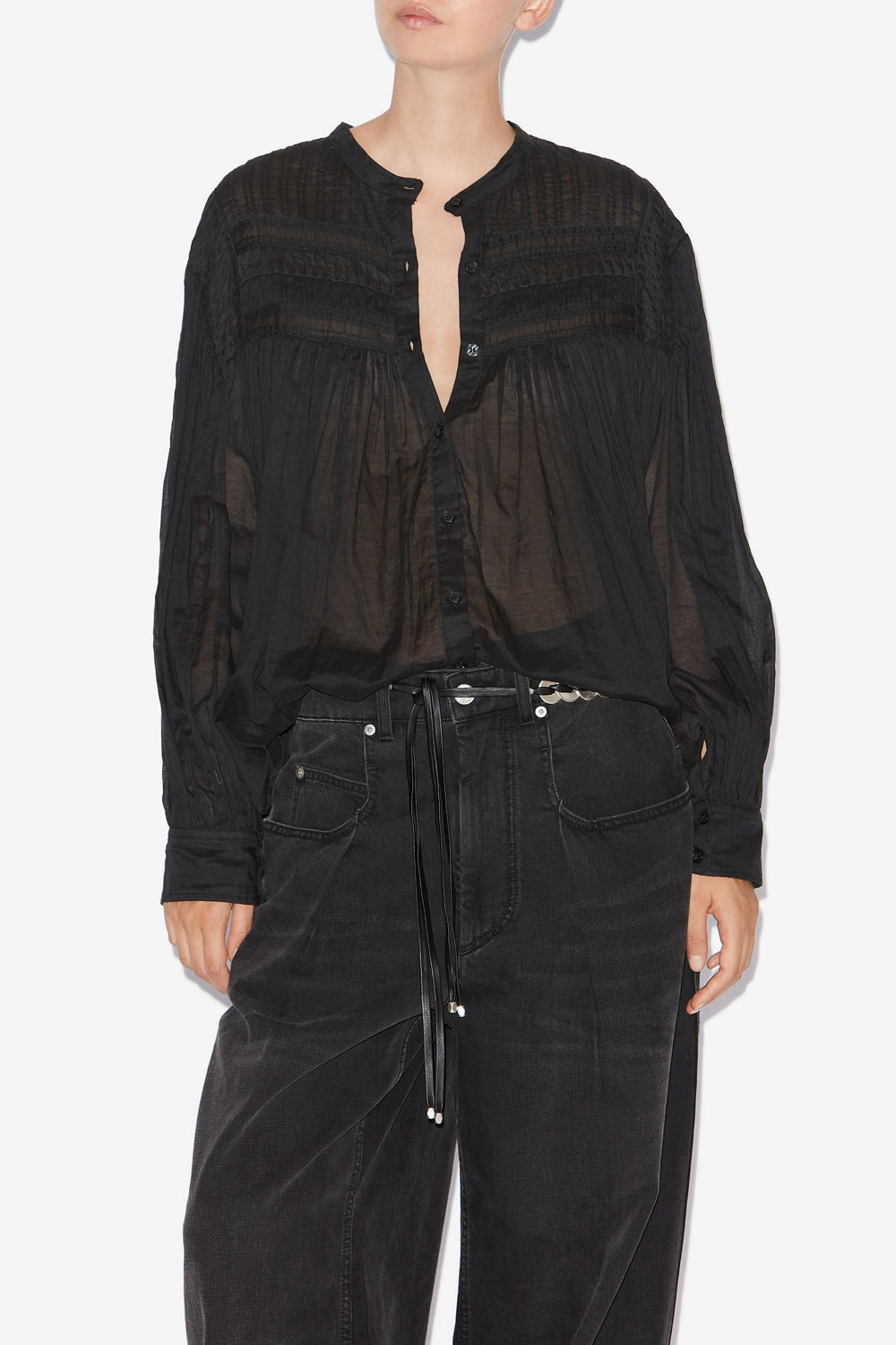 Blusa plalia de voile de algodón fruncida - Negro - Woman - 4