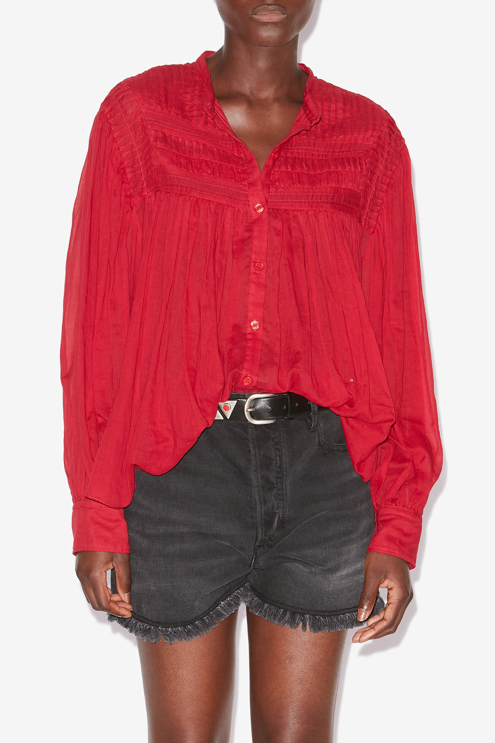 Blusa plalia de voile de algodón fruncida - Rojo - Woman - 4