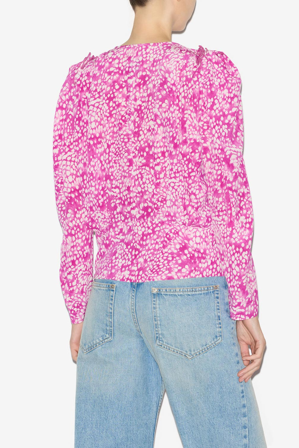 Blusa zarga de seda estampada y plisada - Fuchsia-white - Woman - 5