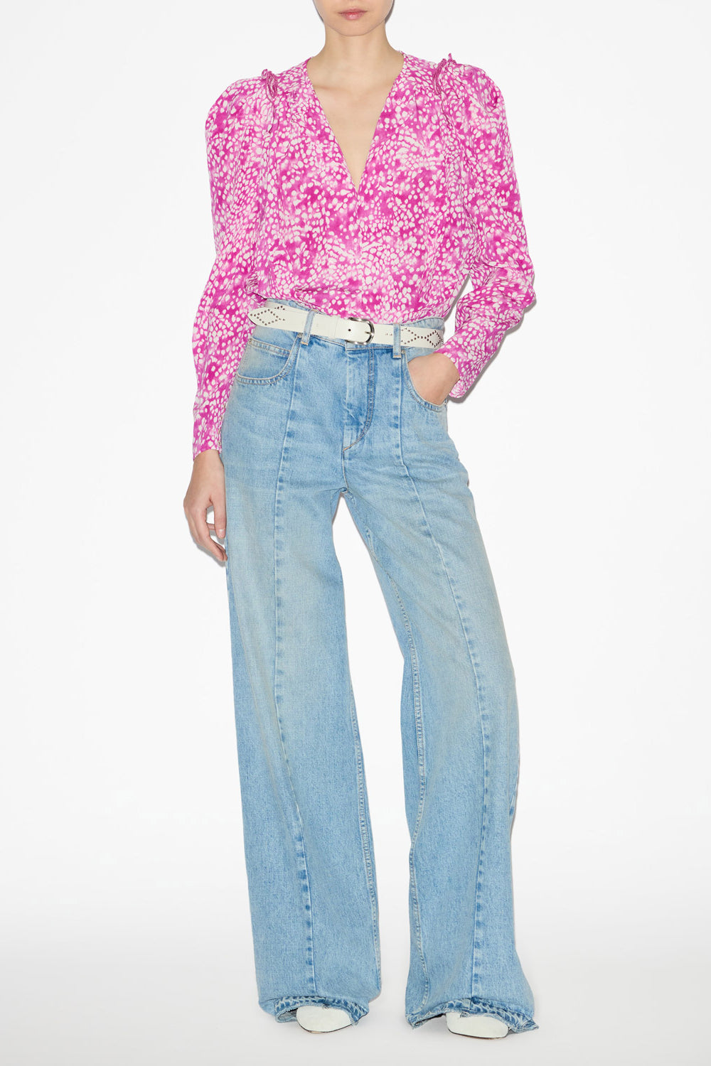 Blusa zarga de seda estampada y plisada - Fuchsia-white - Woman - 2