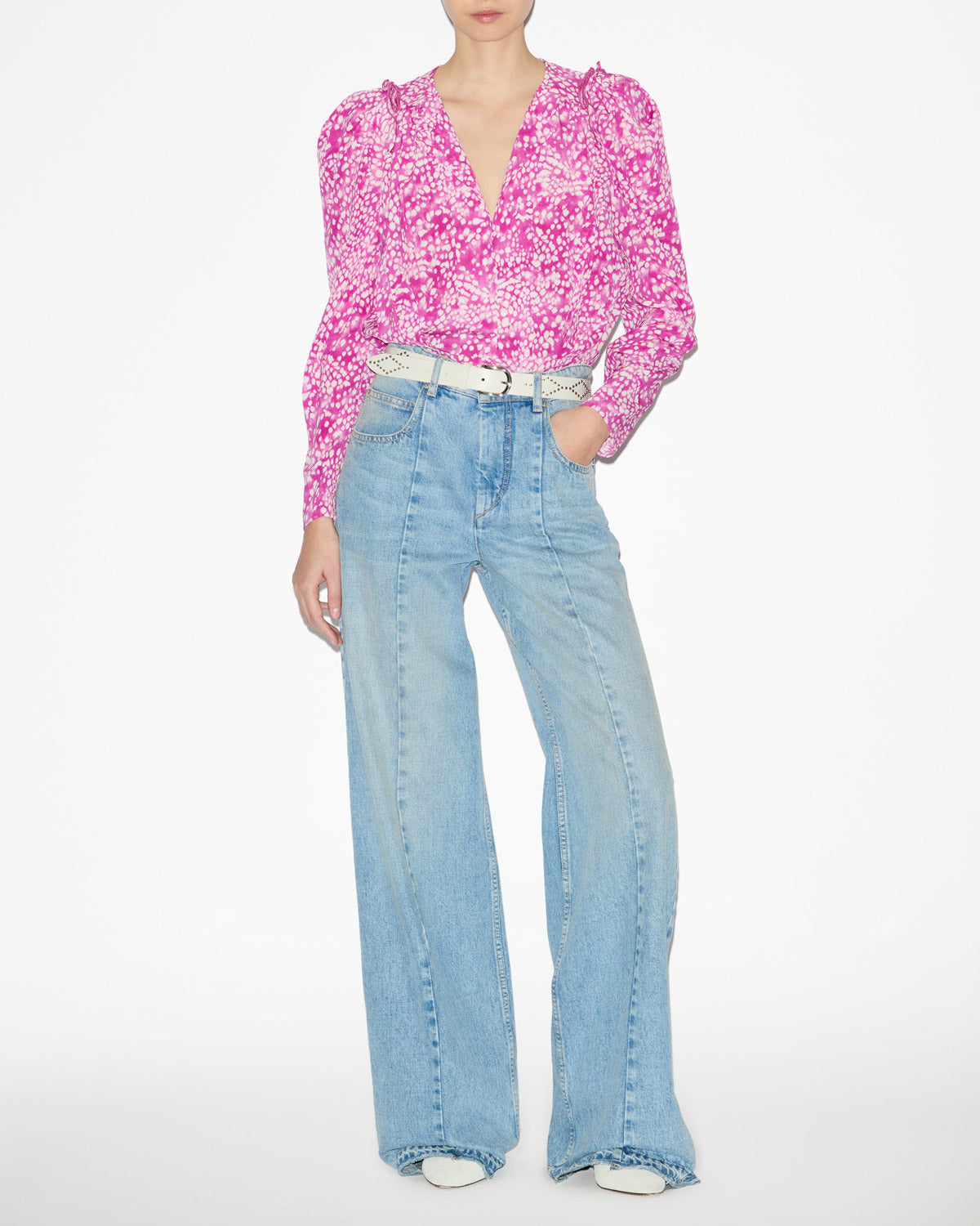 자르가(zarga) 실크 프린트 플리츠 블라우스 - Fuchsia-white - Woman - 1