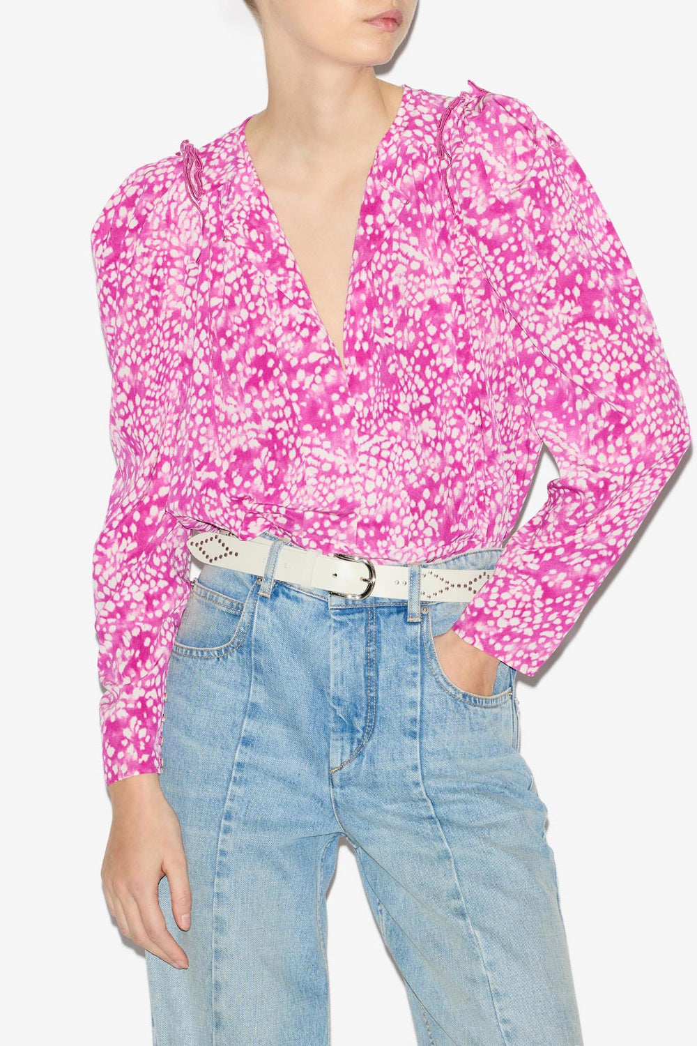 Blusa zarga de seda estampada y plisada - Fuchsia-white - Woman - 4