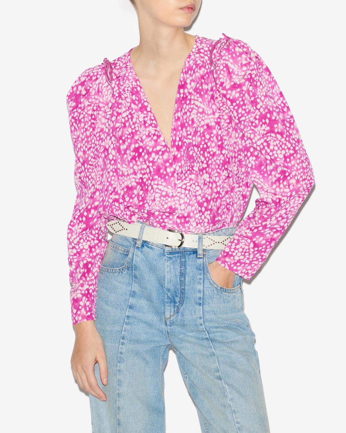 자르가(zarga) 실크 프린트 플리츠 블라우스 - Fuchsia-white - Woman - 3