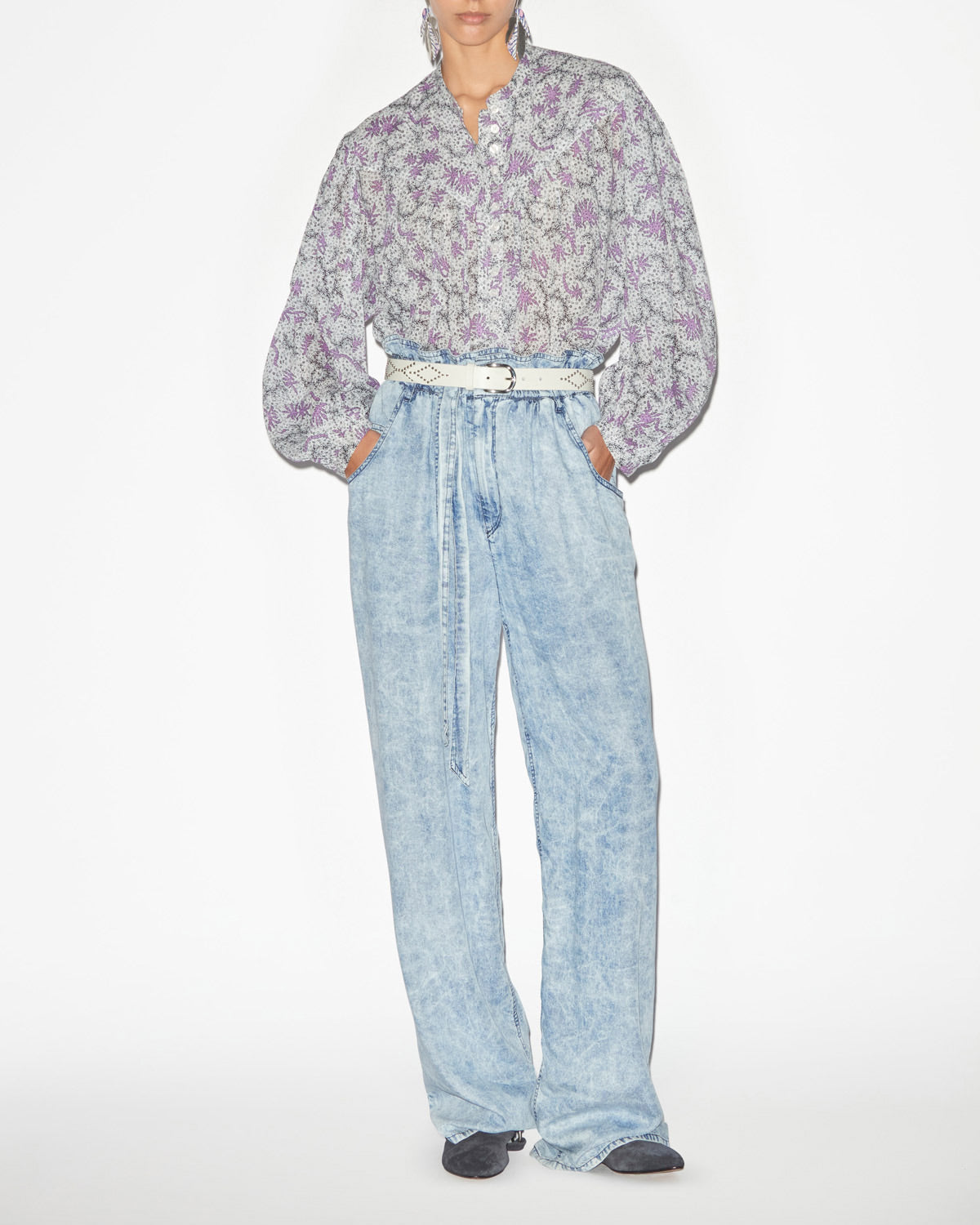 Blusa salika in voile di cotone stampato e arricciato - Ecru-lilac - Woman - 1