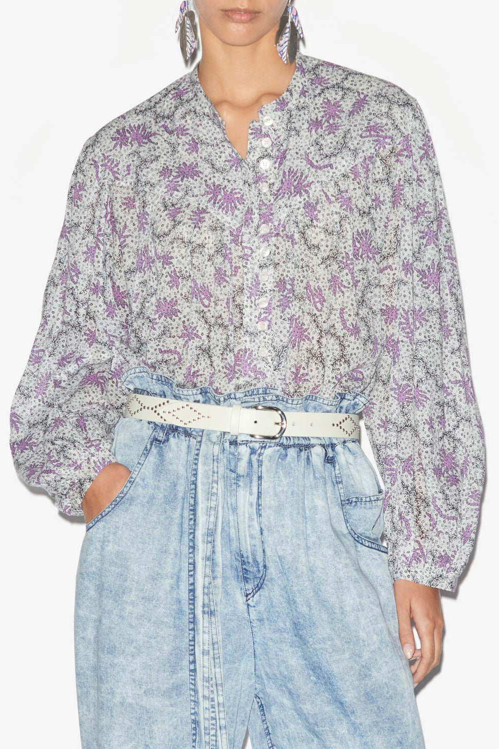 Blusa salika de gasa de algodón estampado y fruncido - Ecru-lilac - Woman - 4