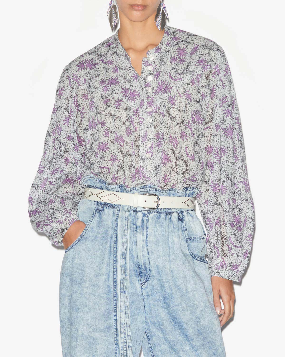 Blusa salika in voile di cotone stampato e arricciato - Ecru-lilac - Woman - 3