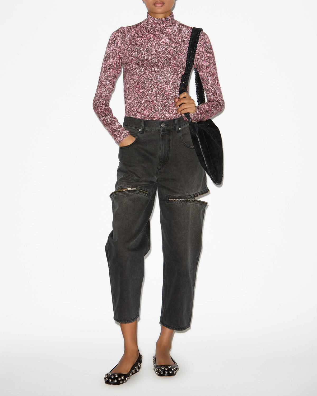 Top lou in jersey stampato a collo alto - Antik pink-black - Woman - 1