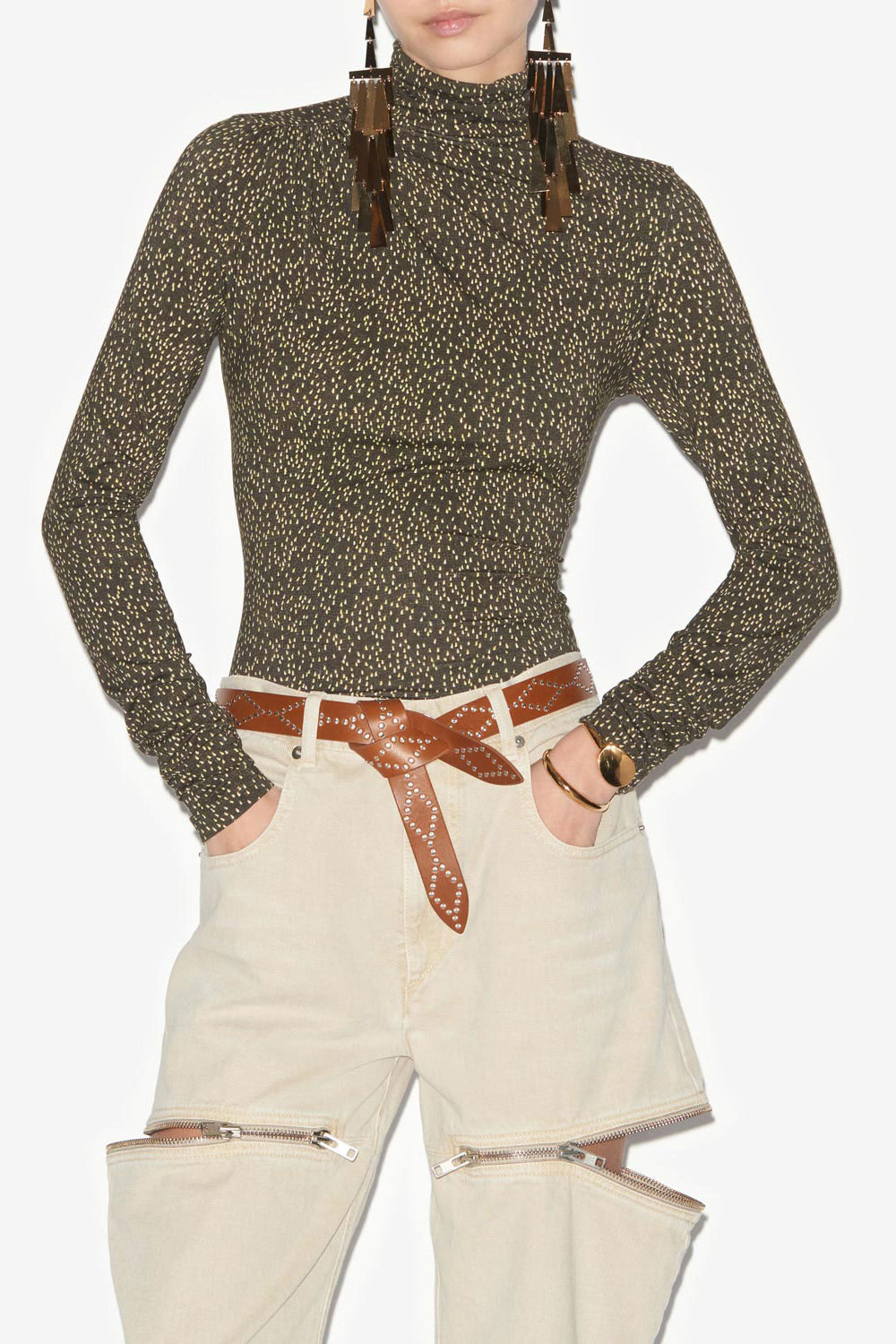 루(lou) 저지 프린트 터틀넥 탑 - Dark khaki-lime - Woman - 4