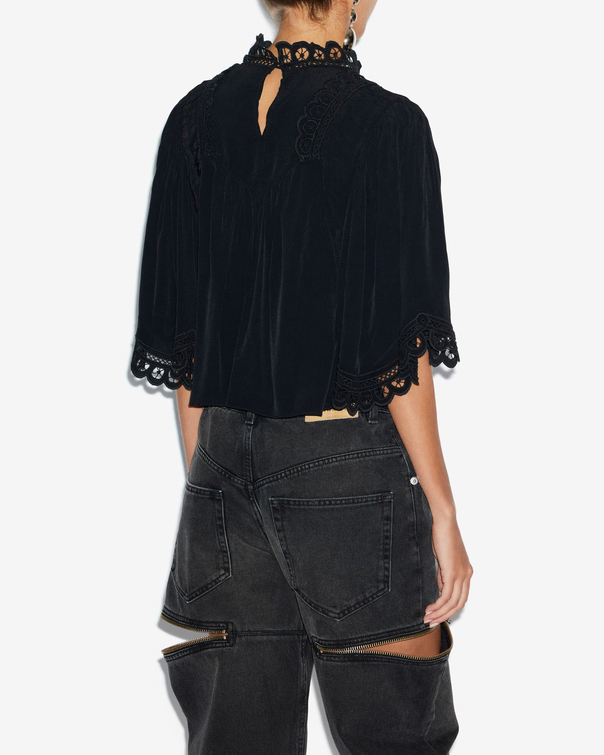 Enoha blouse in plain-colored crepe with english embroidery - Black - Woman - 4