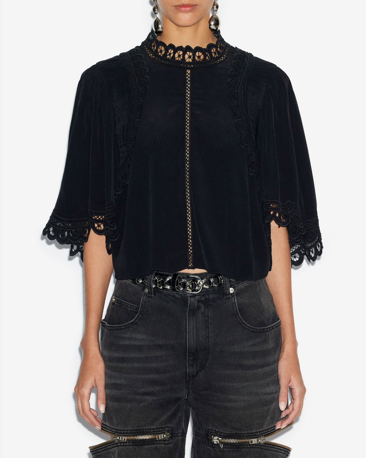 Enoha blouse in plain-colored crepe with english embroidery - Black - Woman - 3