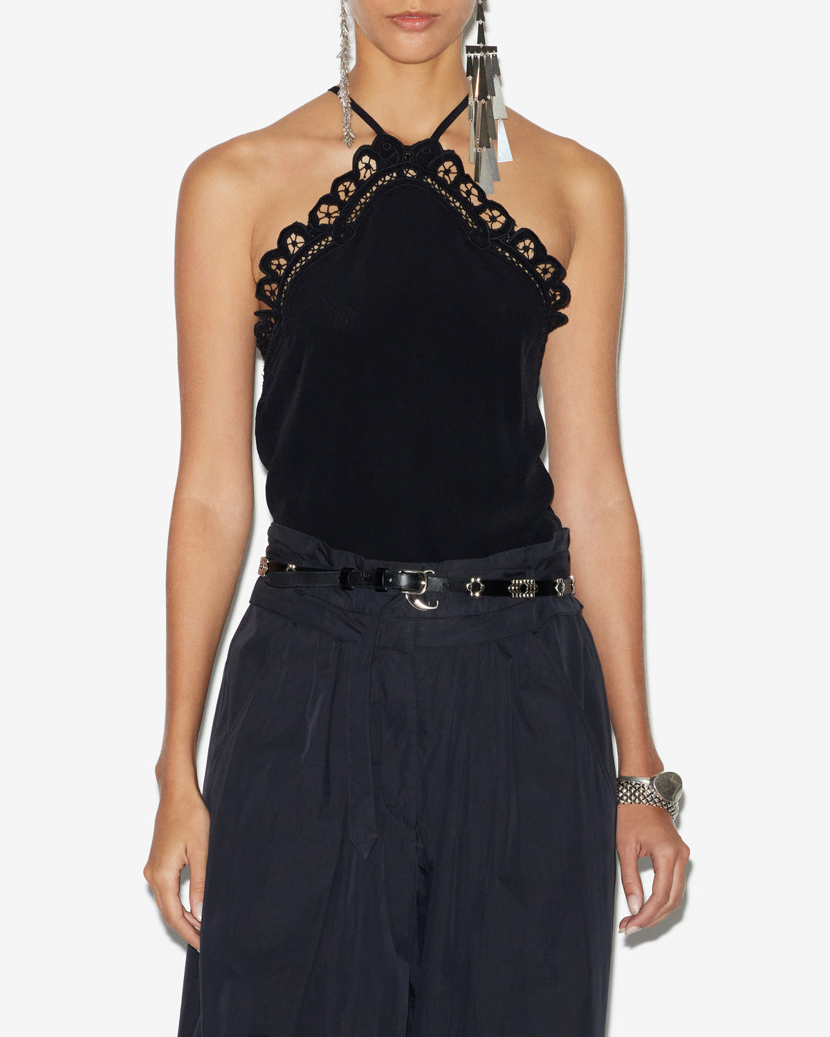 Elva top in plain-colored crepe with english embroidery - Black - Woman - 4