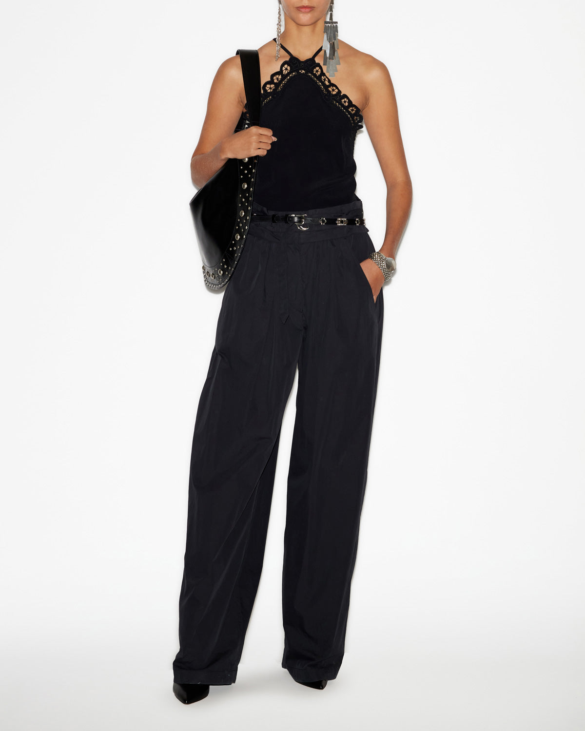 Elva top in plain-colored crepe with english embroidery - Black - Woman - 1