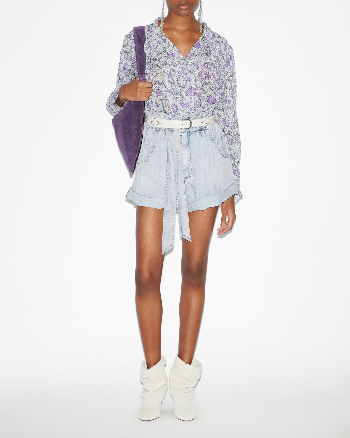 Dubna smocked blouse in printed cotton voile - Ecru-lilac - Woman - 1