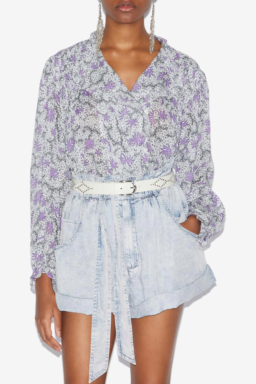 Blusa dubna fruncida de gasa de algodón estampada - Ecru-lilac - Woman - 4