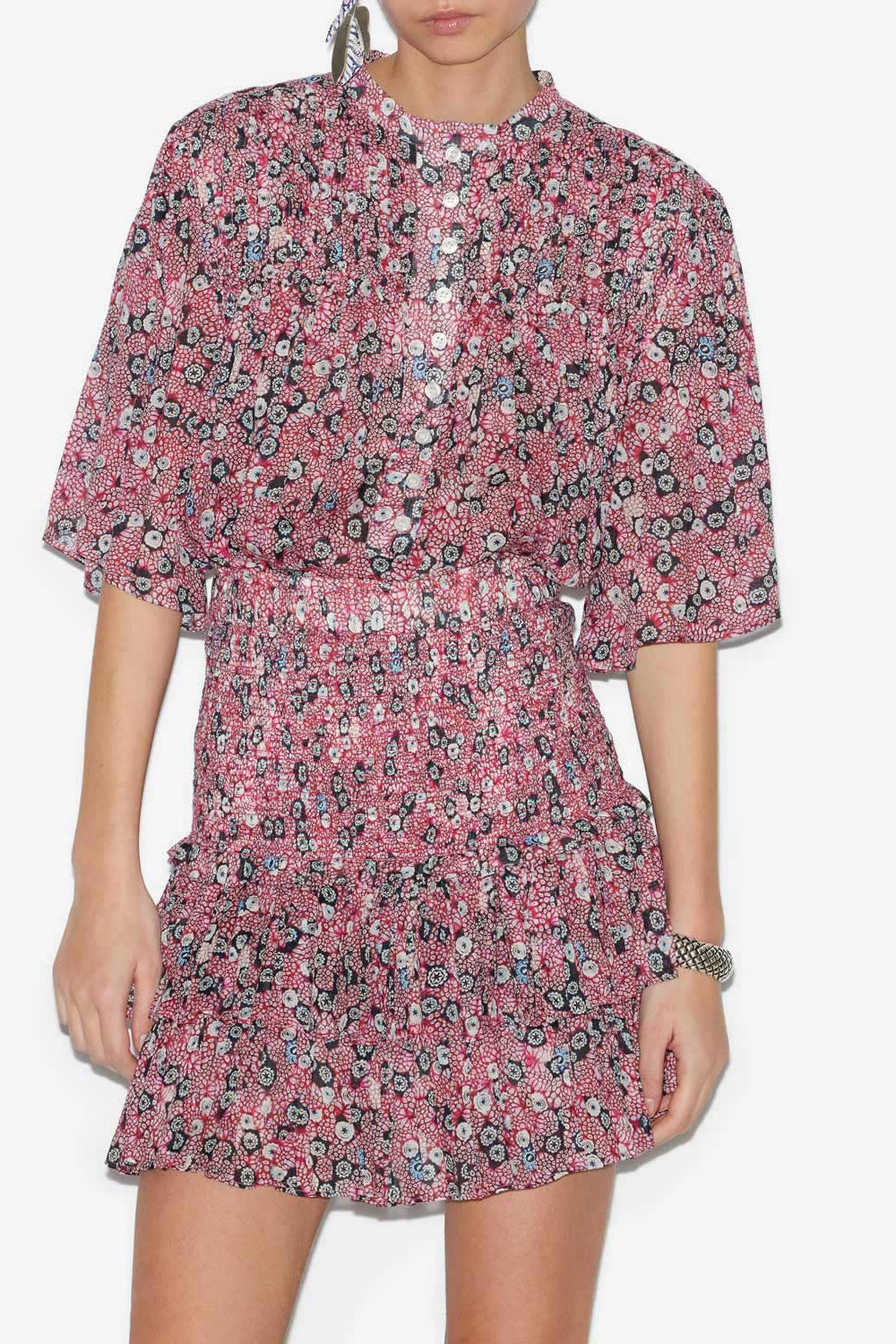 Blusa destiny fruncida de gasa de algodón estampada - Raspberry-black - Woman - 5