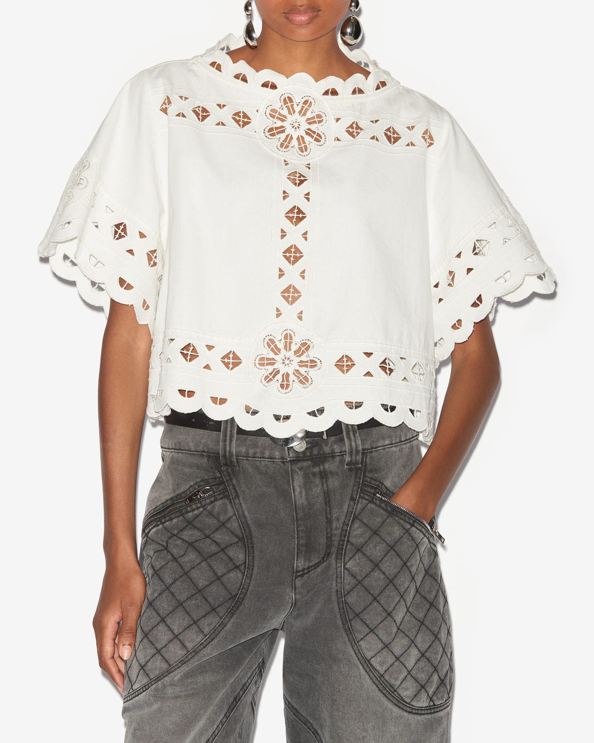 파리사(parissa) 플레인 코튼 잉글리쉬 자수 탑 - 하얀색 - Woman - 3